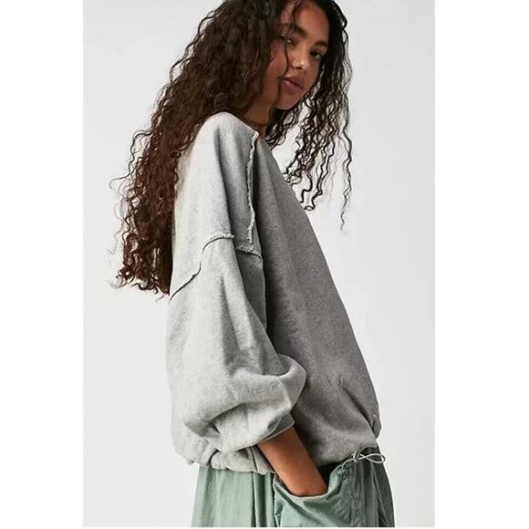 Free People Bubble Up Dropped Shoulder Oversized Pullover Sweatshirt Gray Medium - Picture 1 of 5